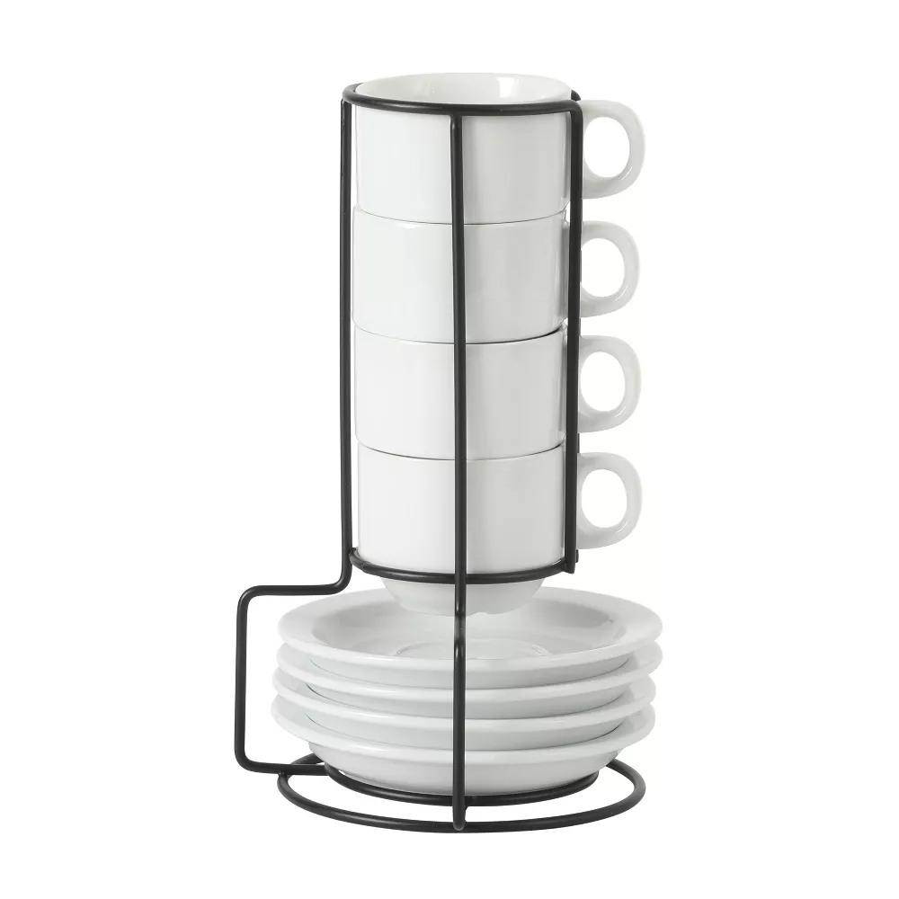 Conjunto de 4 Chávenas de Café Expresso Gracious Dining 9 Peças 3 Onças, Pequenas Chávenas Empilháveis com 4 Pires, Suporte Metálico