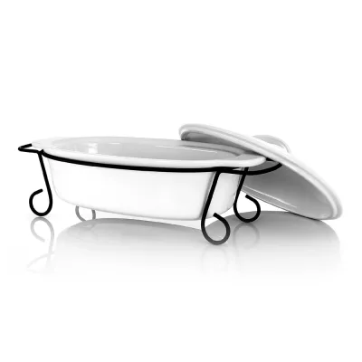 Gracious Dining Ovale Steingut-Auflaufform mit Deckel & Metallrost – Weiß