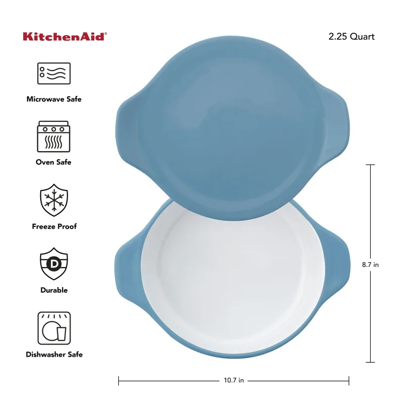 Cazuela redonda de gres vitrificado de 2,25 cuartos con tapa en Blue Velvet