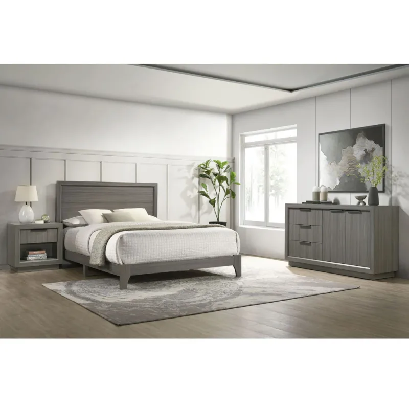 Conjunto de dormitorio Darien con cama de matrimonio, cómoda y mesita de noche - Gris