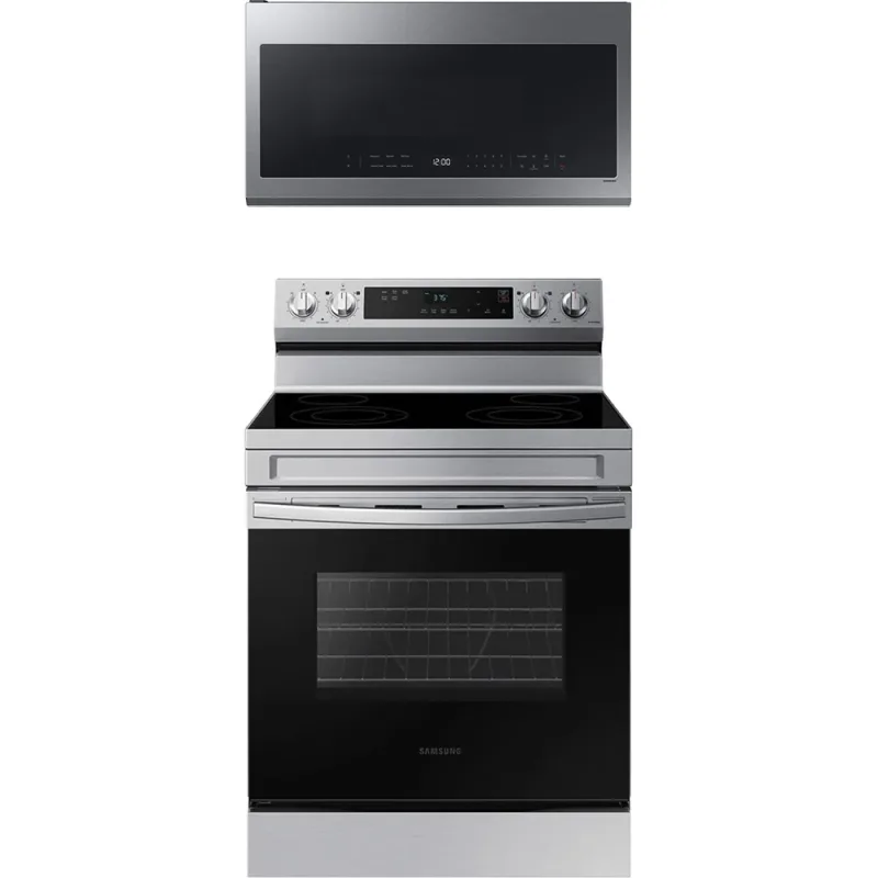 6.3 CuFt Smart Freestanding Electric Range with 2.1 CuFt Smart 1000W Over-the-Range Microwave in Stainless Steel