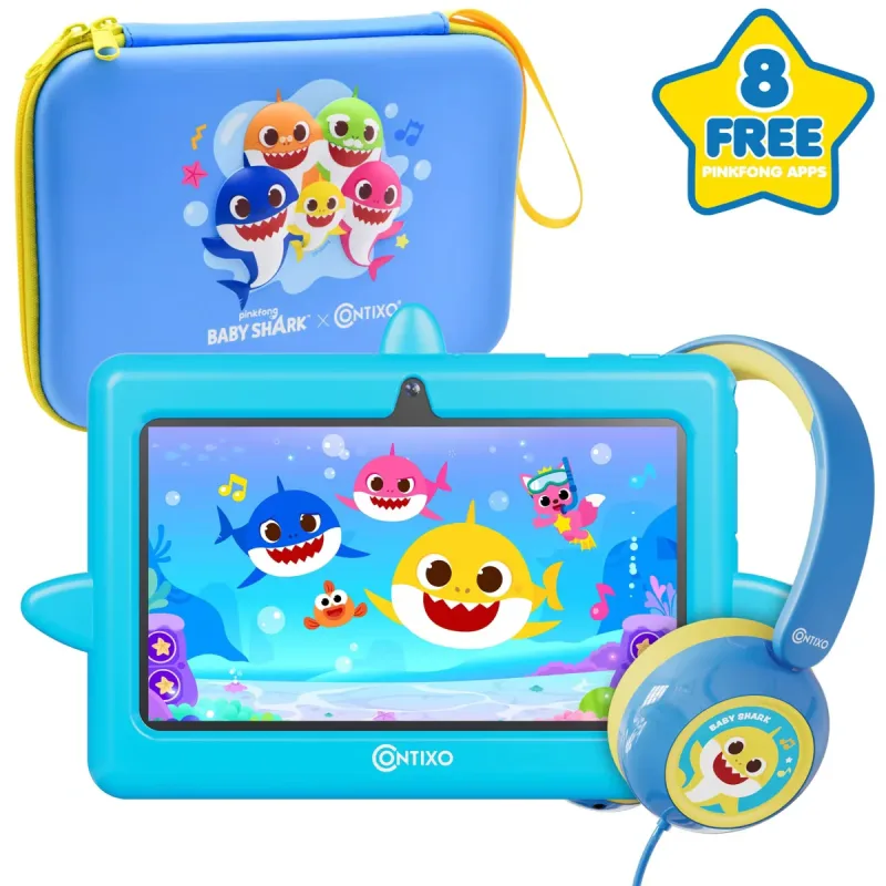 Baby Shark Kids Tablets Bundle, 7" Android 16 Tablet, WiFi 6 Dual-Band, 32GB, Pinkfong Apps, Headphones & Carrying Case - Blue