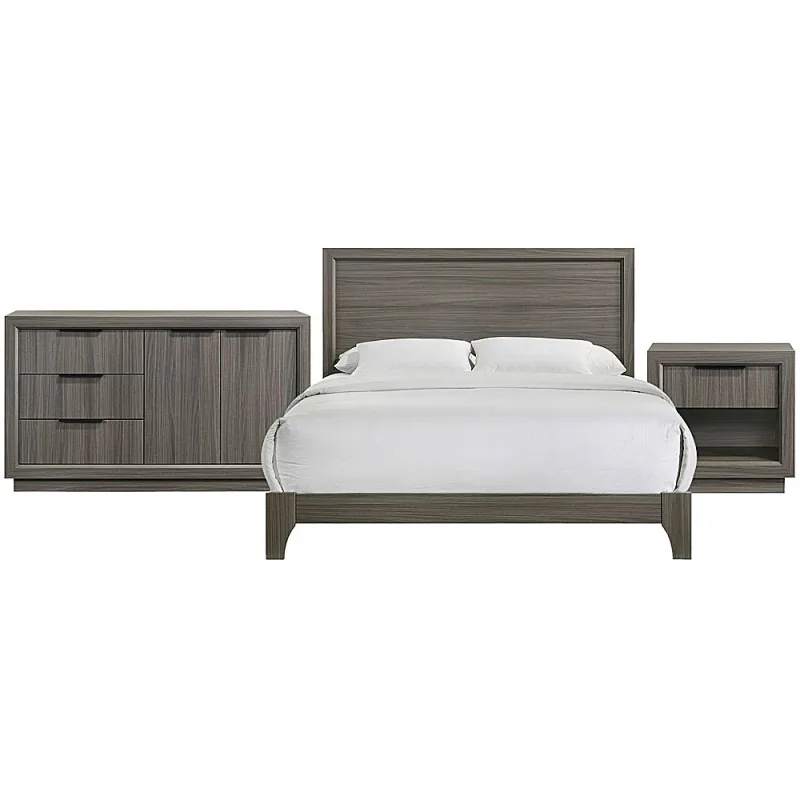Conjunto de dormitorio Darien con cama de matrimonio, cómoda y mesita de noche - Gris