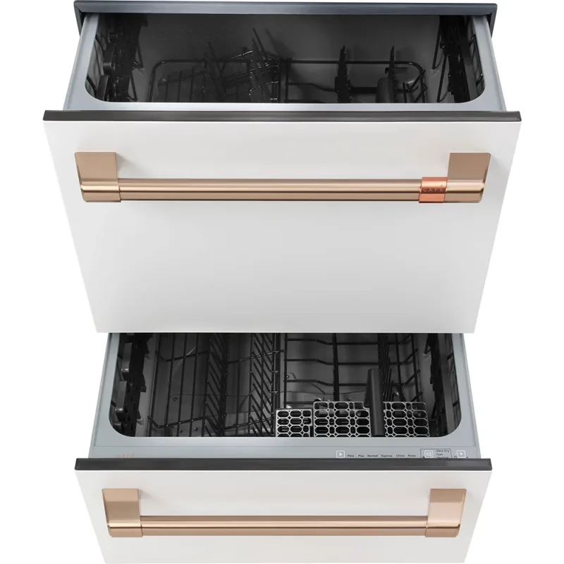 49 dBA Sanitize Top Control Dishwasher Drawer in Matte White with Brushed Bronze Handles