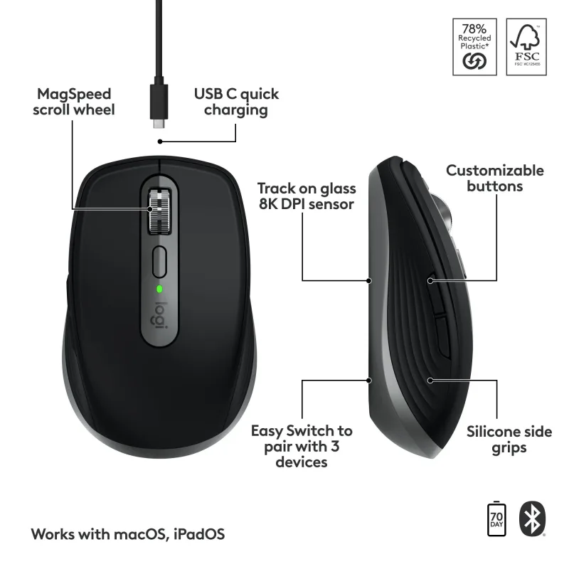 Logitech MX Anywhere 3s wireless mouse for Mac (Space Grey)