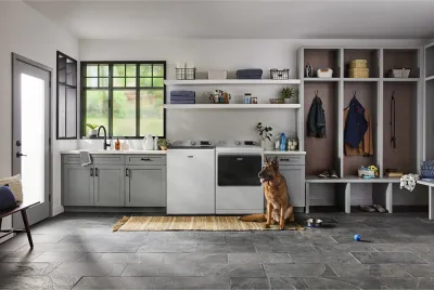 Secador a gás inteligente Pet Pro de carga superior branco com 7,4 pés cúbicos