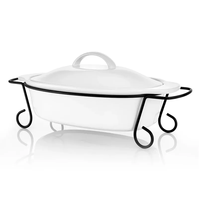 Fuente para horno ovalada de gres Gracious Dining con tapa y rejilla metálica - Blanca