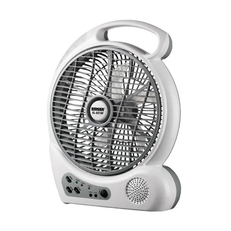 Przenośny wentylator 10-calowy z akumulatorem, oświetleniem LED, radiem FM i ładowarką USB