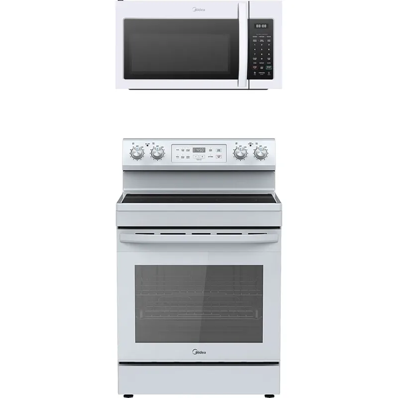Cocina eléctrica independiente de 4 fuegos y 6,3 pies cúbicos con microondas sobre encimera de 1,7 pies cúbicos y 1000 vatios en blanco