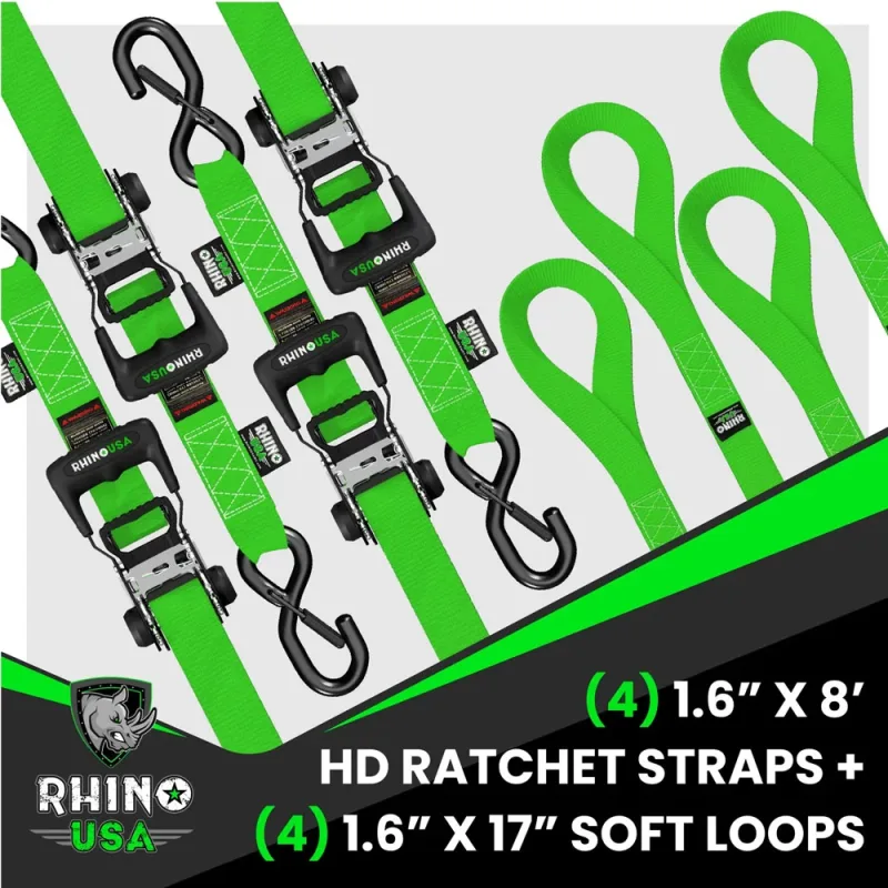 Heavy-Duty Ratchet Straps Kit - 1.6 Inch x 8 Feet - Black/Green