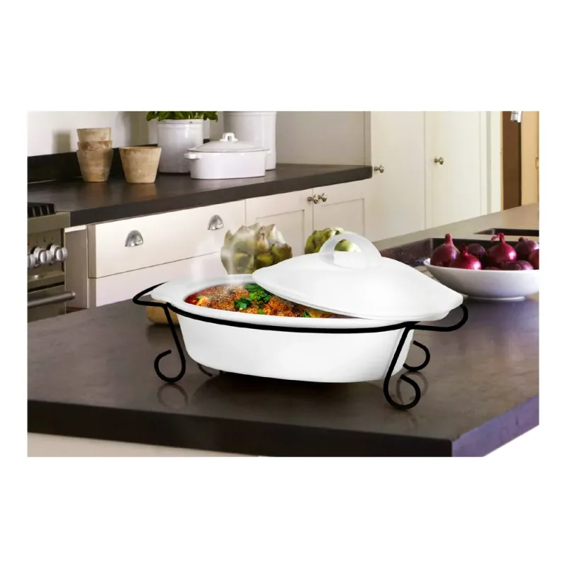 Gracious Dining Ovale Steingut-Auflaufform mit Deckel & Metallrost – Weiß