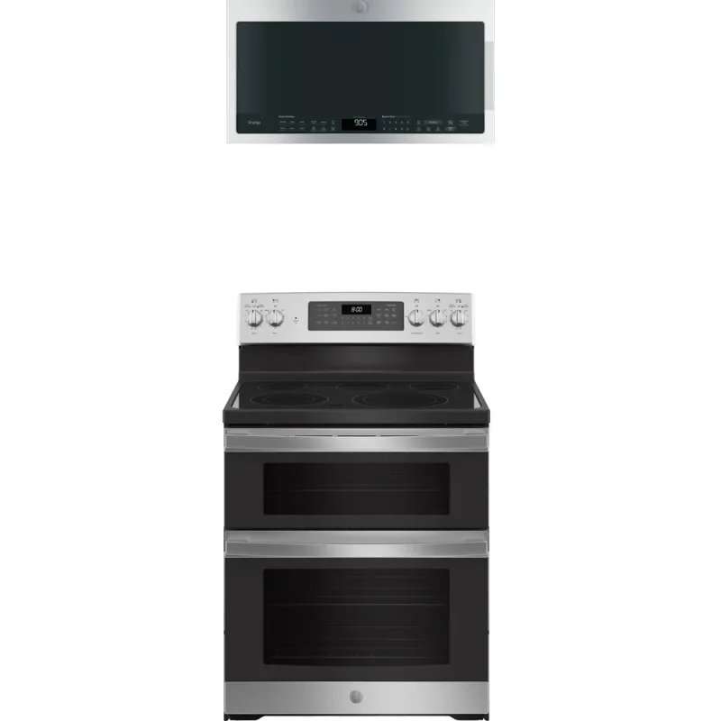 Fogão elétrico duplo independente de 6,6 CuFt com micro-ondas de 2,1 CuFt e 1050 Watt sobre o fogão em aço inoxidável